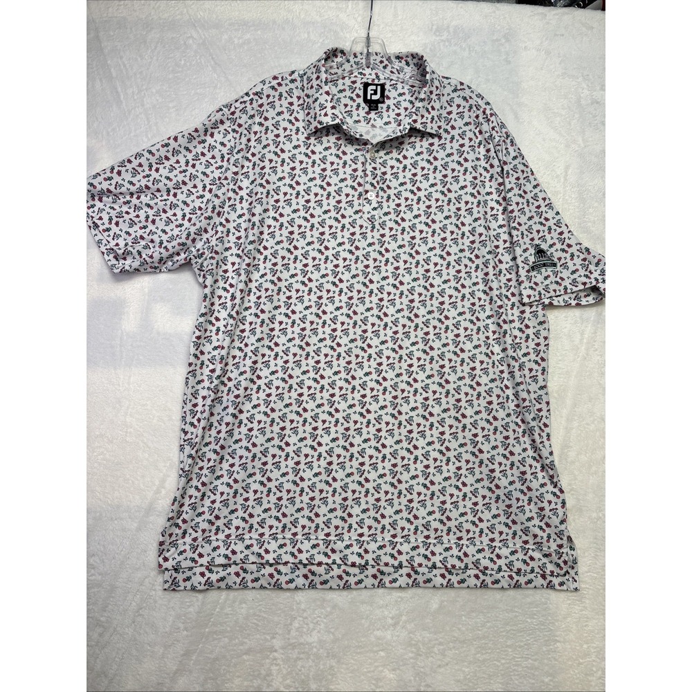 FootJoy Men's Golf Polo Extra Large White With Red Flowers Polyester Spandex